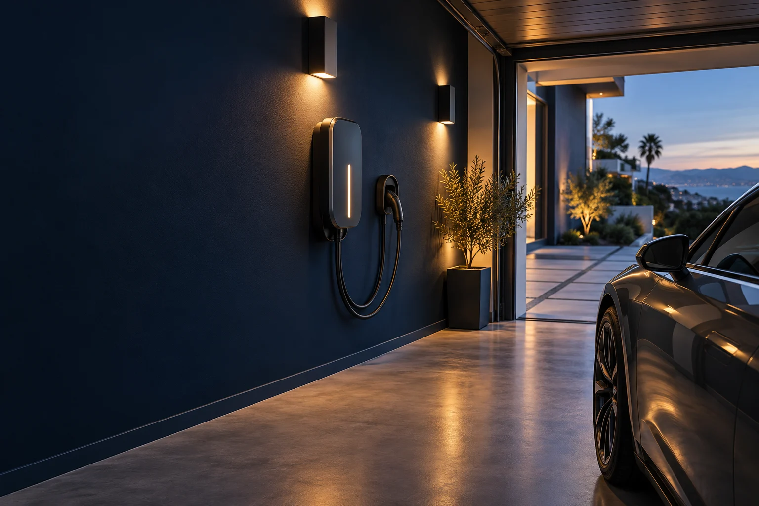 An electric vehicle charging station in a modern home garage